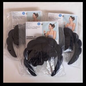 Lot Of 3 Room Essentials 3pc Microterry Headband & Wrist Towel Set Black New